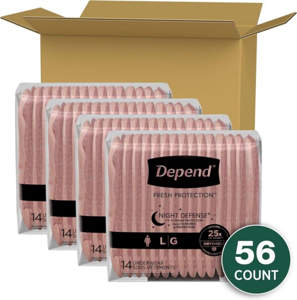 Depend Night Defense Adult Incontinence & Postpartum Bladder Leak Underwear for Women, Disposable, Overnight, Large, Blush, 56 Count (4 Packs of 14), Packaging May Vary - Image 2