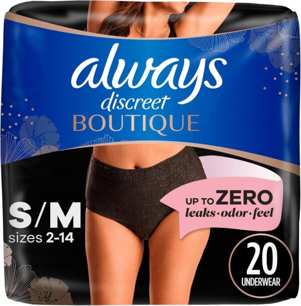 Always Discreet Boutique Incontinence and Postpartum Underwear for Women, Maximum Protection, S/M, Black, 20 Count (Packaging May Vary)