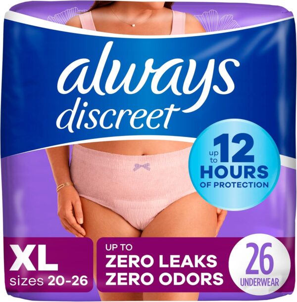 Always Discreet Adult Incontinence & Postpartum Underwear for Women, Classic Cut, Size Extra-Large, Maximum Absorbency, Disposable, 26 Count (Packaging May Vary)