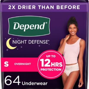 Depend Night Defense Adult Incontinence & Postpartum Bladder Leak Underwear for Women, Disposable, Overnight, Small, Blush, 64 Count (4 Packs of 16), Packaging May Vary