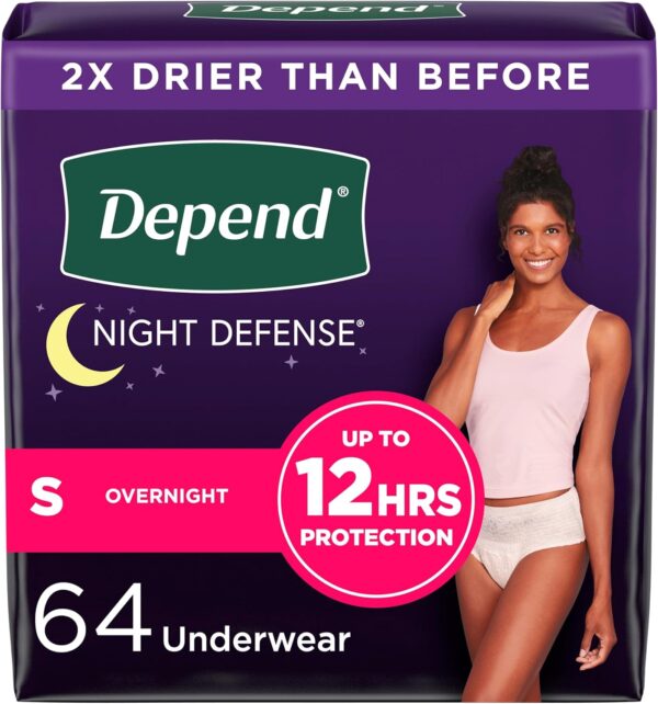 Depend Night Defense Adult Incontinence & Postpartum Bladder Leak Underwear for Women, Disposable, Overnight, Small, Blush, 64 Count (4 Packs of 16), Packaging May Vary