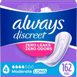 Always Discreet Adult Incontinence Pads for Women, Moderate Absorbency, Long Length, Postpartum Pads, 162 CT