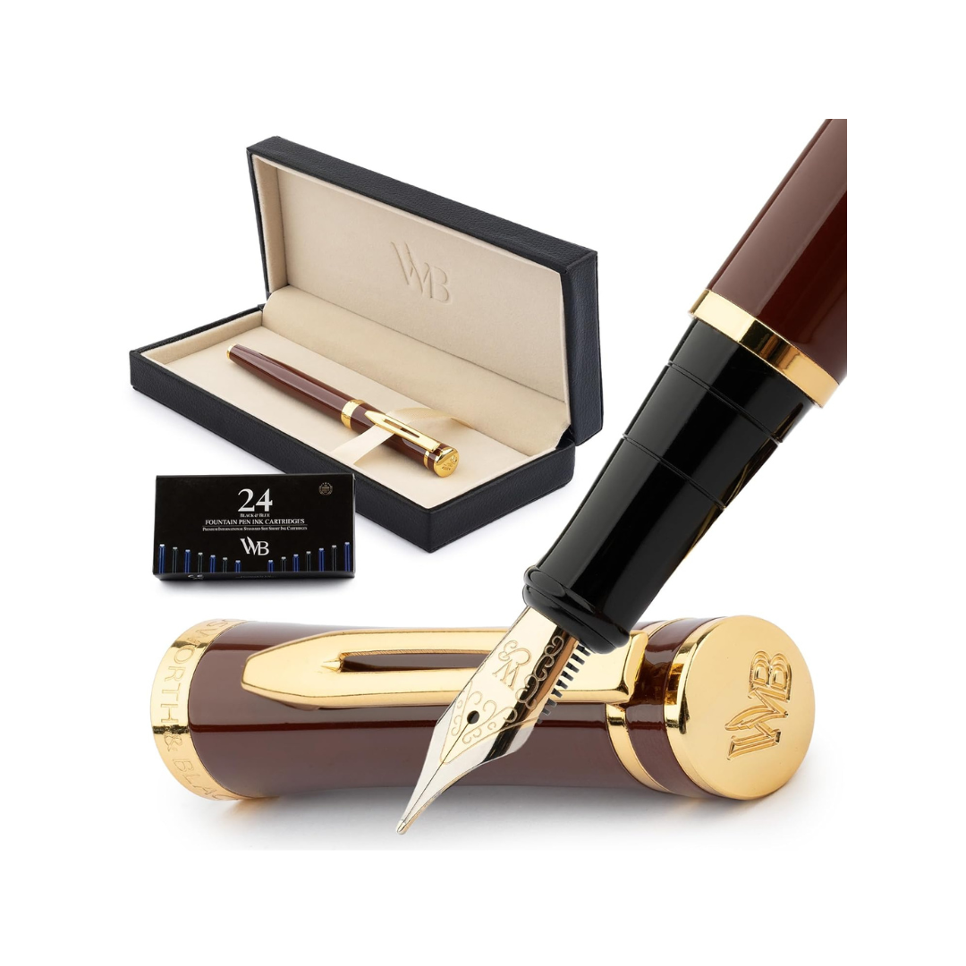 Wordsworth & Black Fountain Pen Set, Medium Nib, Includes 24 Ink Cartridges and Ink Refill Converter, Gift Case, Journaling, Calligraphy, Smooth Writing Pens [Brown Gold], Perfect for Men and Women