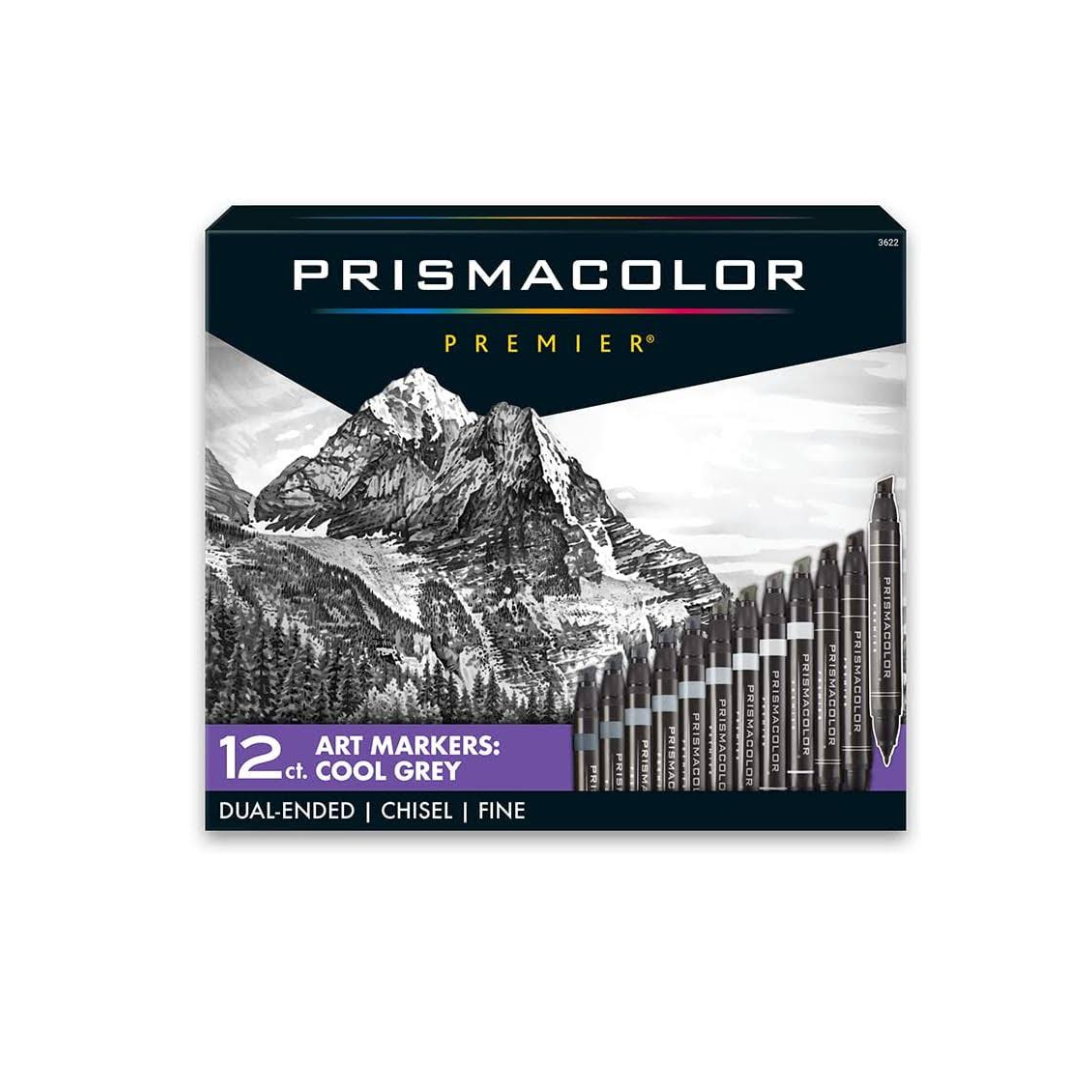 Prismacolor Premier Double-Ended Art Markers, Fine And Chisel Tip, Cool Grey, Adult Coloring, 12 Pack