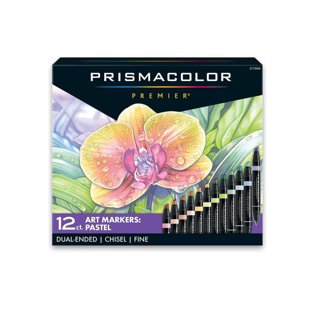 Prismacolor Premier Dual-Ended Art Markers, Chisel and Fine Tips, Pastel Colors, 12 Count Set, Ideal for Adult Coloring Books