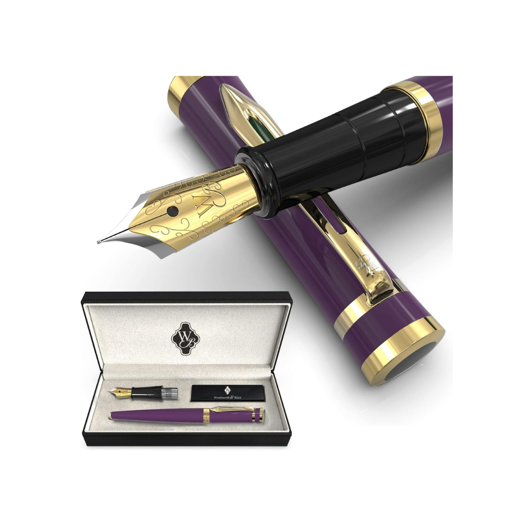 Wordsworth & Black Fountain Pen Set, 18K Gilded Medium and Broad Nibs, 6 Ink Cartridges and Refill Converter, Gift Case, Smooth Writing Pens [Velvet Purple], Perfect for Men and Women