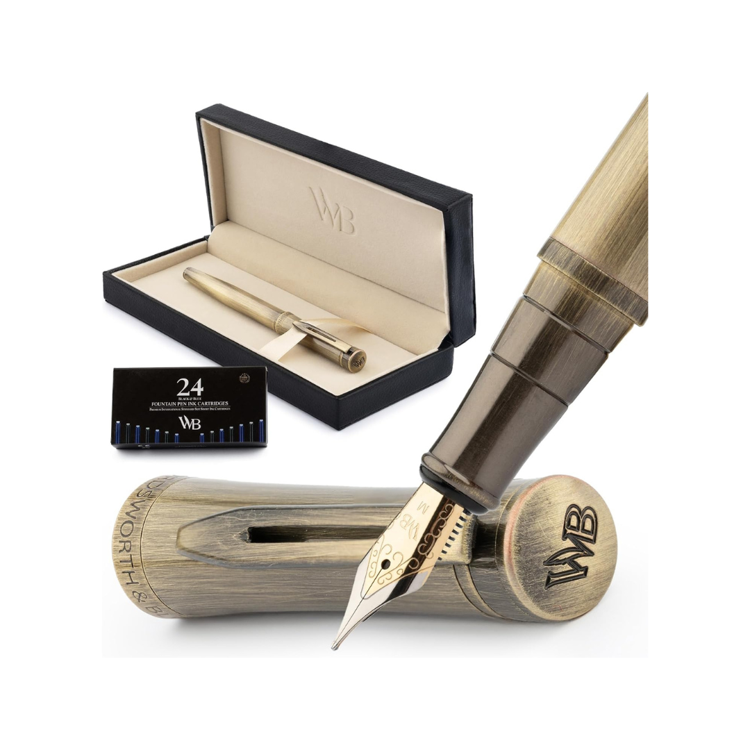 Wordsworth & Black Luxury Fountain Pen - Stunning Brushed Bronze Pen, 18K Gilded Nib (Medium), Ink Converter, Best Pen Gift Set for Men & Women, Professional, Executive, Office, Nice Pens