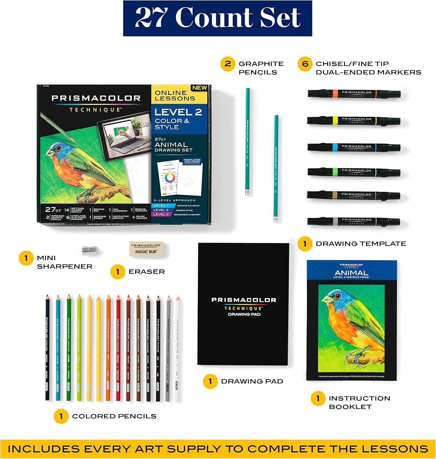 Prismacolor Technique, Art Supplies and Digital Art Lessons, Animal Drawings Set, Level 2, 27 Count