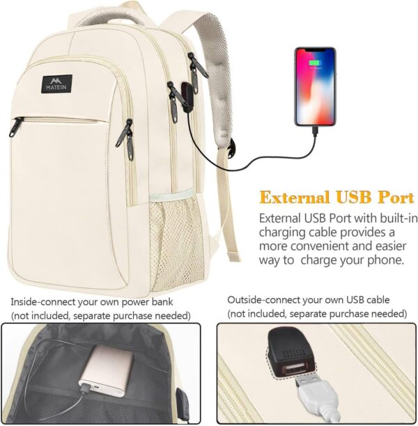 MATEIN Beige Laptop Backpack 15.6 Inch, Lightweight Sturdy Bag for College Supplies with USB Charging Port