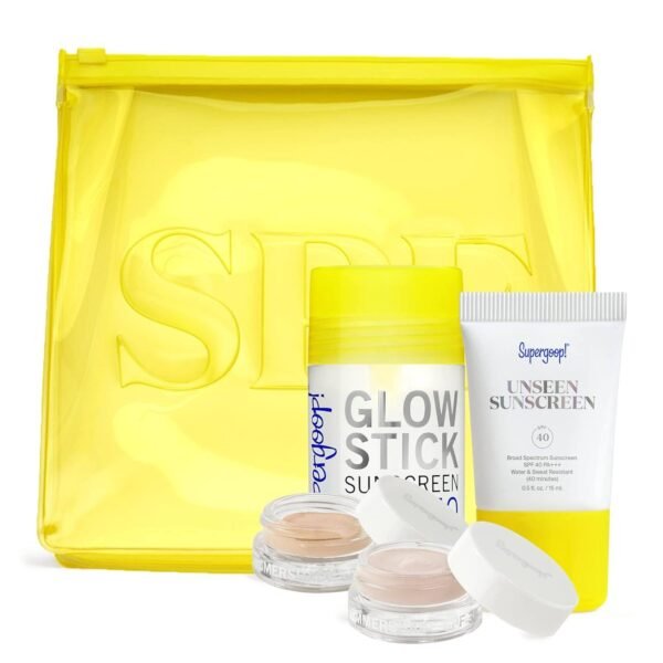 Supergoop! Favorites Kit - Unseen Sunscreen (0.5 fl oz), Glow Stick (1.23 oz), First Light Shimmershade & Golden Hour Shimmershade - Makes a Great Gift