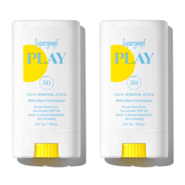 Supergoop! PLAY 100% Mineral Stick SPF 50 - Pack of 2, 0.67 oz - On-the-Go Broad Spectrum Face Sunscreen For Sensitive Skin - Water Resistant - Vegan - Clean ingredients