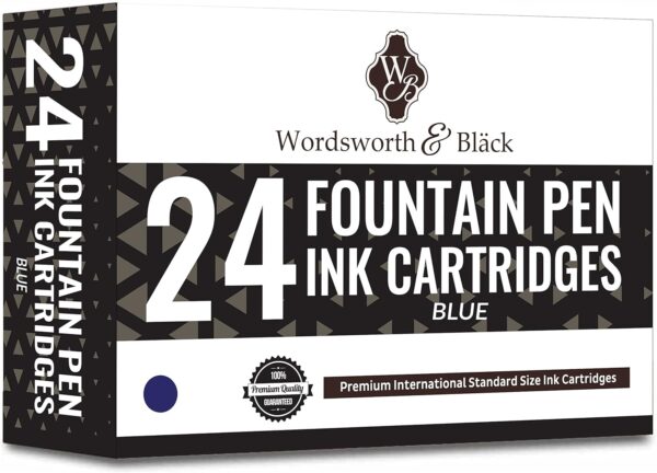 Wordsworth & Black 24 Pack Fountain Pen Ink Refills - SET OF 24 BLUE Ink Cartridges - International Standard Size - Length Appr 1.5" - Base Diameter.