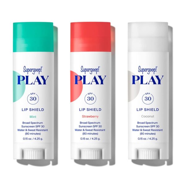 Supergoop! PLAY Lip Shield SPF 30 with Mint, Strawberry & Coconut - 3 Pack - Lip Balm - Moisturizing Treatment For Dry Cracked Lips - Clean Ingredients & Broad Spectrum UV Protection