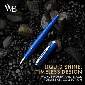 Wordsworth and Black Rollerball Pen - Luxury Pen - Chrome Finish, Blue Lacquer, Ink Refill, Refillable, Gift for Men & Women, Professional Writing