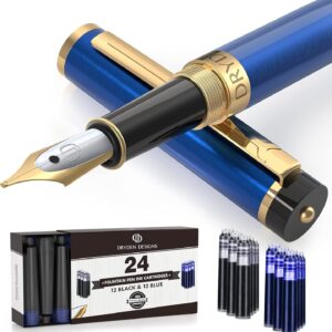 Dryden Designs Fountain Pen - Medium Nib | Includes 24 Ink Cartridges (12 Black 12 Blue) and Ink Refill Converter | Calligraphy Pen, Consistent Writing, Smooth Flow - Blue.