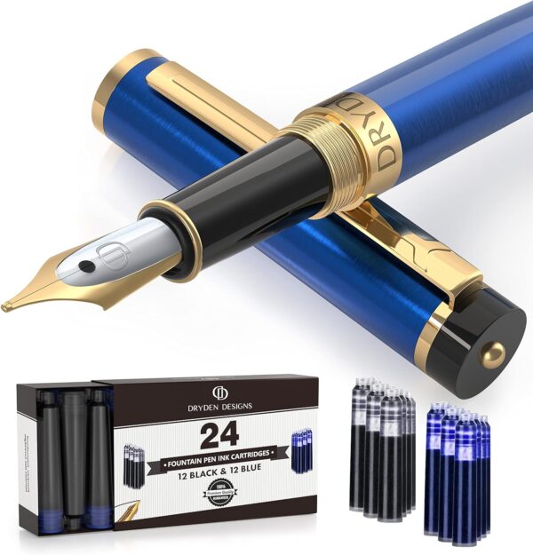 Dryden Designs Fountain Pen - Medium Nib | Includes 24 Ink Cartridges (12 Black 12 Blue) and Ink Refill Converter | Calligraphy Pen, Consistent Writing, Smooth Flow - Blue.