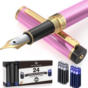 Dryden Designs Fountain Pen - Medium Nib 0.5mm | Includes 24 Ink Cartridges (12 Black 12 Blue) and Ink Refill Converter | Calligraphy Pen,