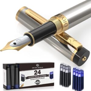 Dryden Designs Fountain Pen Medium Nib | Includes 24 Ink Cartridges - 12 Black,12 Blue and Ink Refill Converter | Consistent Writing, Smooth Flow for Left...