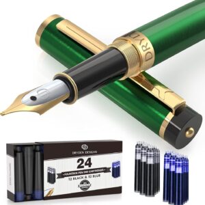 Dryden Designs Fountain Pen - Medium Nib 0.5mm | Includes 24 Ink Cartridges - (12 Black 12 Blue) Ink Refill Converter | Calligraphy Pen, Consistent Writing