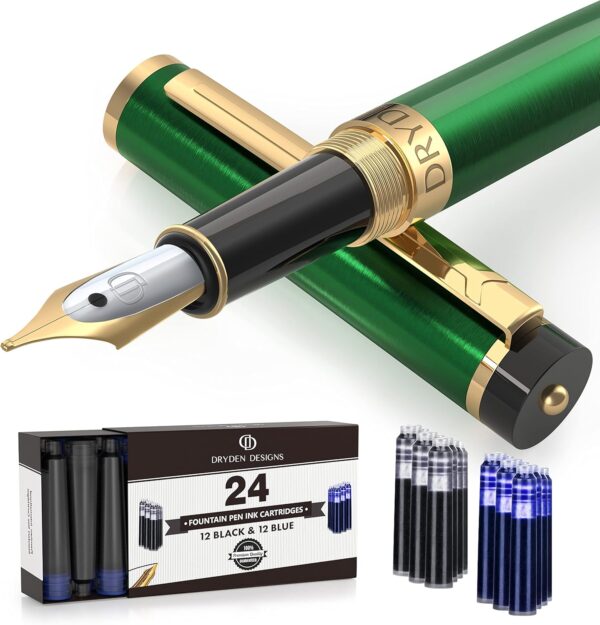 Dryden Designs Fountain Pen - Medium Nib 0.5mm | Includes 24 Ink Cartridges - (12 Black 12 Blue) Ink Refill Converter | Calligraphy Pen, Consistent Writing