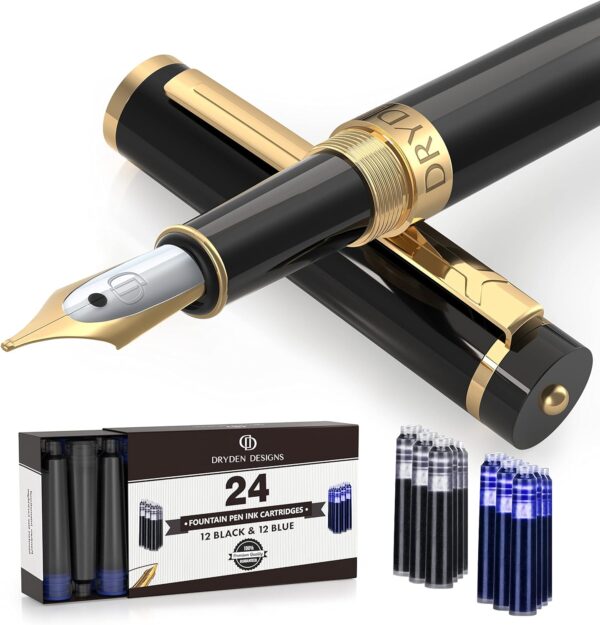 Dryden Designs Fountain Pen - Medium Nib 0.5mm | Includes 24 Ink Cartridges and Ink Refill Converter | Calligraphy Pen, Consistent Writing, Smooth Flow