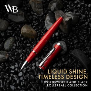 Wordsworth and Black Rollerball Pen - Luxury Pen - Chrome Finish, Red Lacquer, Ink Refill, Refillable, Gift for Men & Women, Professional Writing, Nice and Fancy Pens and for Work