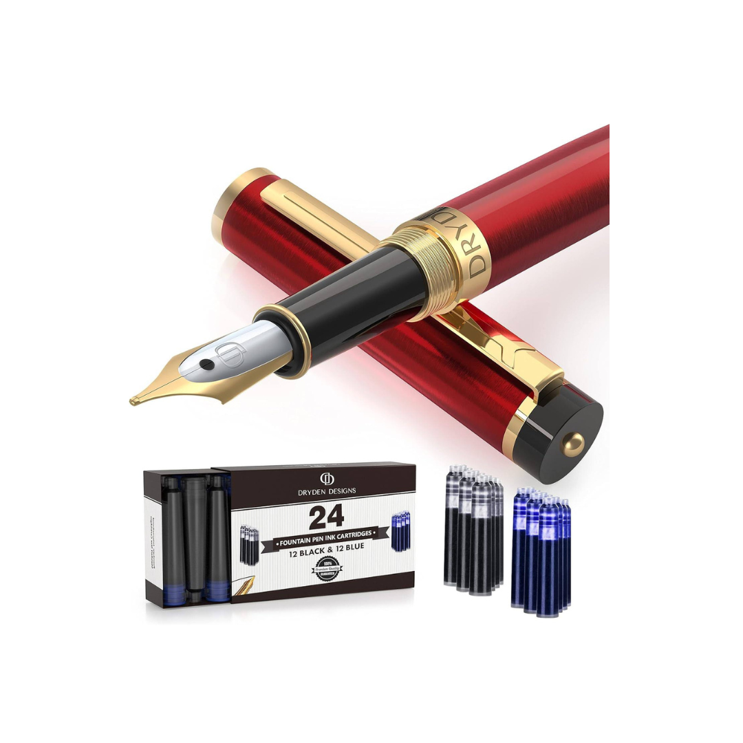 Dryden Designs Fountain Pen - Medium Nib | Includes 24 Ink Cartridges (12 Black 12 Blue) and Ink Refill Converter | Calligraphy Pen, Consistent Writing, Smooth Flow -Royal Red