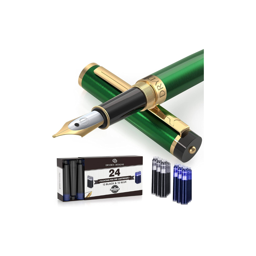 Dryden Designs Fountain Pen - Medium Nib 0.5mm | Includes 24 Ink Cartridges - (12 Black 12 Blue) Ink Refill Converter | Calligraphy Pen, Consistent Writing, Smooth Look -Emerald Green