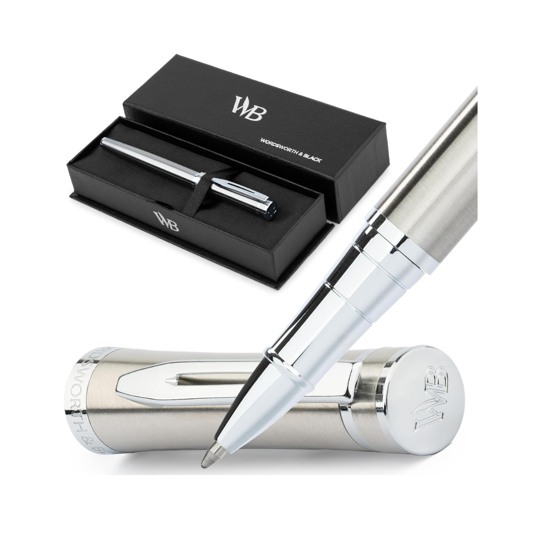 Wordsworth and Black Rollerball Pen - Luxury Pen - Chrome Finish, Silver Lacquer, Ink Refill, Refillable Gift for Men & Women, Professional Writing, Nice and Fancy Pens and for Work
