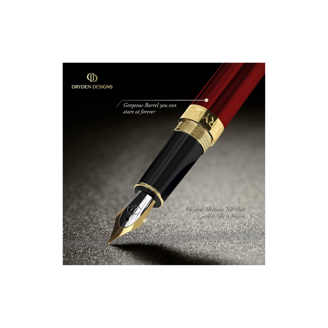 Dryden Designs Fountain Pen Medium Nib | Fancy Gift box - Include 6 Ink Cartridges and Ink Refill Converter | Smooth Looks, Consistent Writing, Reliable Writing Tool - Royal Red