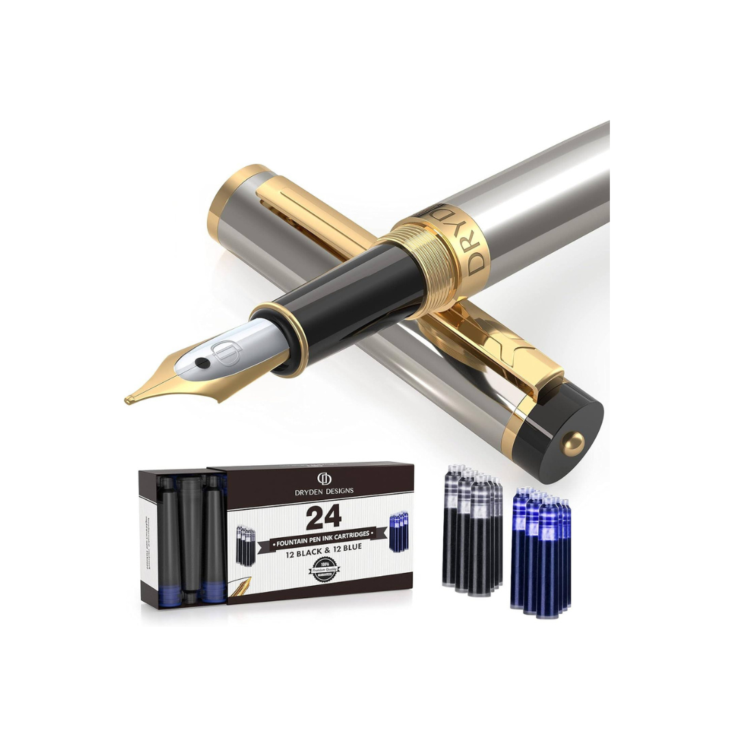 Dryden Designs Fountain Pen Medium Nib | Includes 24 Ink Cartridges - 12 Black,12 Blue and Ink Refill Converter | Consistent Writing, Smooth Flow for Left and Right Handed- Metallic Silver