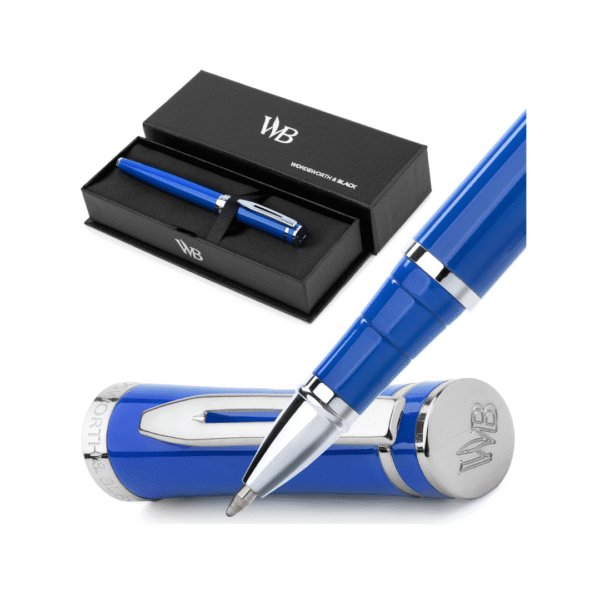 Wordsworth and Black Rollerball Pen - Luxury Pen - Chrome Finish, Blue Lacquer, Ink Refill, Refillable, Gift for Men & Women, Professional Writing, Nice and Fancy Pens and for Work