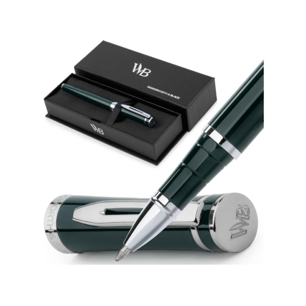 Wordsworth and Black Rollerball Pen - Luxury Pen - Chrome Finish, Green Lacquer, Ink Refill, Refillable, Gift for Men & Women, Professional Writing, Nice and Fancy Pens and for Work