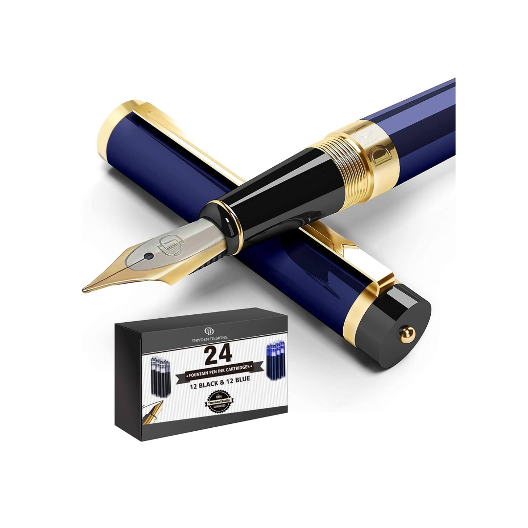 Dryden Designs Fountain Pen - Medium Nib 0.5mm | Includes 24 Ink Cartridges - 12 Black 12 Blue and Ink Refill Converter | Calligraphy Pen, Smooth Look -Deep Blue.