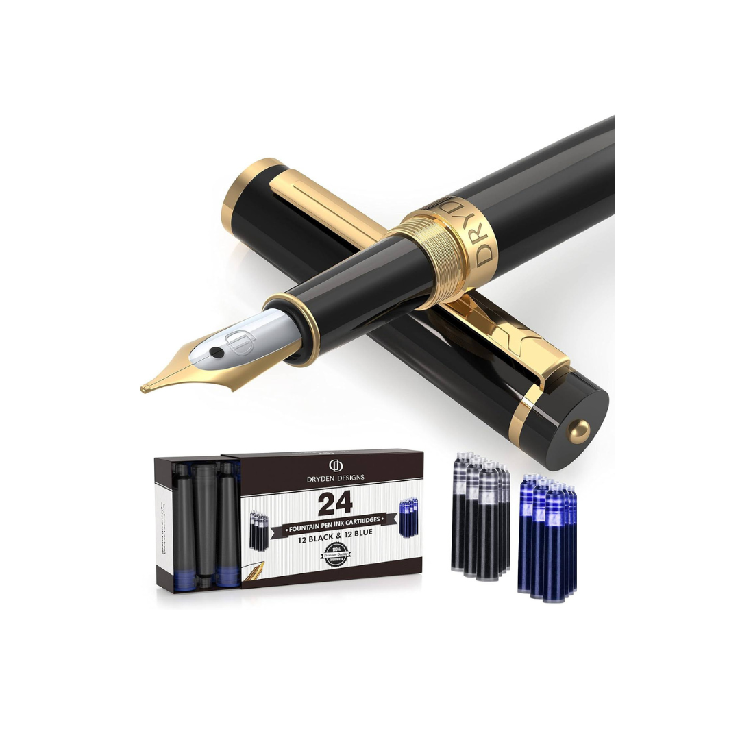 Dryden Designs Fountain Pen - Medium Nib 0.5mm | Includes 24 Ink Cartridges and Ink Refill Converter | Calligraphy Pen, Consistent Writing, Smooth Flow, Left and Right Handed -Intense Black