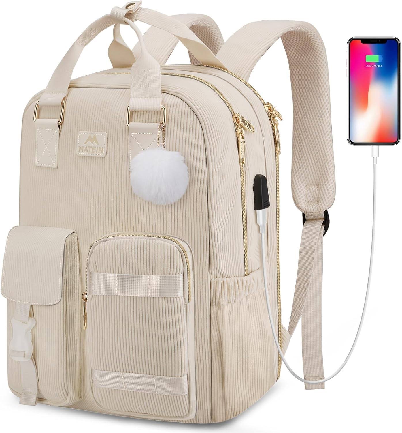 MATEIN School Backpack for Girls, 15.6 Inch Cute College Backpack Corduroy Computer Bookbag with USB Charging Port, TSA Lightweight Kawaii Travel Laptop Backpack Aesthetic for Teens Students, Beige