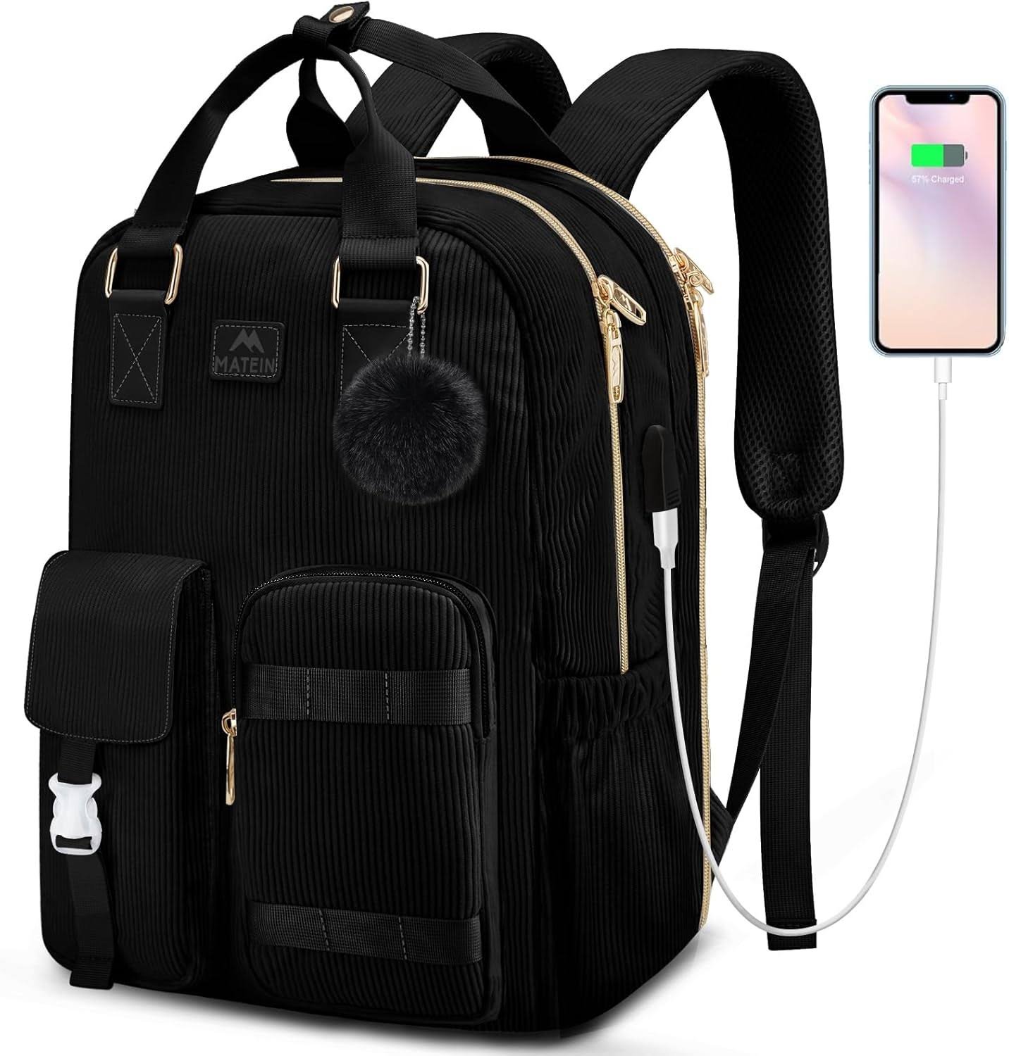 MATEIN Cute Laptop Backpack for Women, 15.6 Inch Corduroy Computer College Backpack with USB Charging Port, TSA Lightweight Aesthetic Backpack Travel Laptop Backpack for Work Nurse Teacher Gift, Black