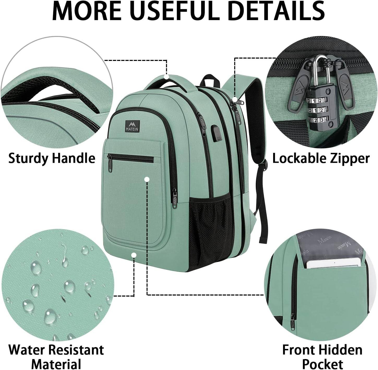 MATEIN Laptop Backpack for Women, Expandable 15.6 inch with USB Charging Port, Anti Theft Travel School Backpack, Water Resistant College Bookbag for Computer Bag Gifts for Men Women, Cyan