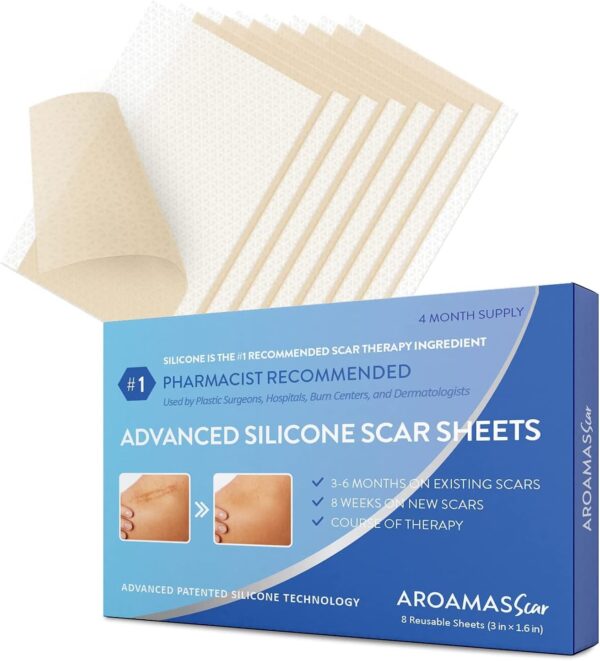 Aroamas Scar Silicone Scar Tape– Softens & Flattens Scars from Surgery, Injury, Burns, C-Section, Scratch Marks – Reusable Medical-Grade Silicone Scar Sheets for All Skin Types [3"x1.57", 8 Sheets]