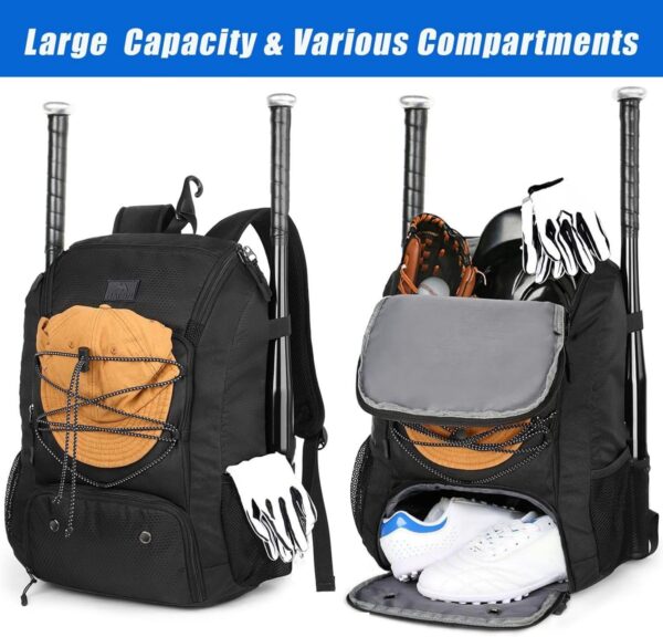 MATEIN Baseball Backpack, Softball Bat Bag with Shoes Compartment for Youth, Boys and Adult, Lightweight Baseball Bag with Fence Hook Hold TBall Bat, Batting Mitten, Helmet, Caps, Teeball Gear - Image 4