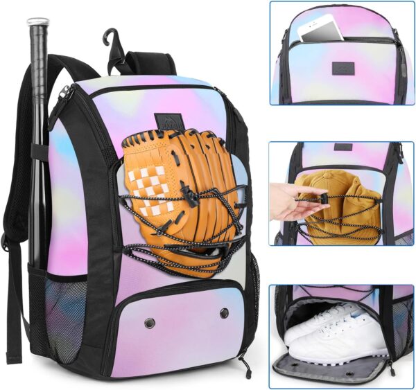 MATEIN Baseball Backpack, Softball Bat Bag with Shoes Compartment for Youth, Boys and Adult, Lightweight Baseball Bag with Fence Hook Hold TBall Bat, Batting Mitten, Helmet, Caps, Teeball Gear - Image 2