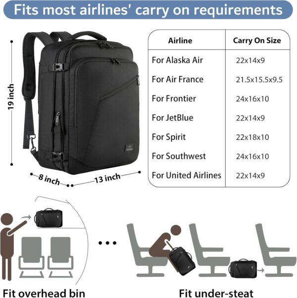 MATEIN Carry on Backpack, Extra Large Travel Backpack Expandable Airplane Approved Weekender Bag for Men and Women, Water Resistant Lightweight Daypack for Flight 40L, Black - Image 4