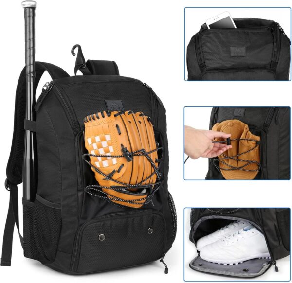 MATEIN Baseball Backpack, Softball Bat Bag with Shoes Compartment for Youth, Boys and Adult, Lightweight Baseball Bag with Fence Hook Hold TBall Bat, Batting Mitten, Helmet, Caps, Teeball Gear