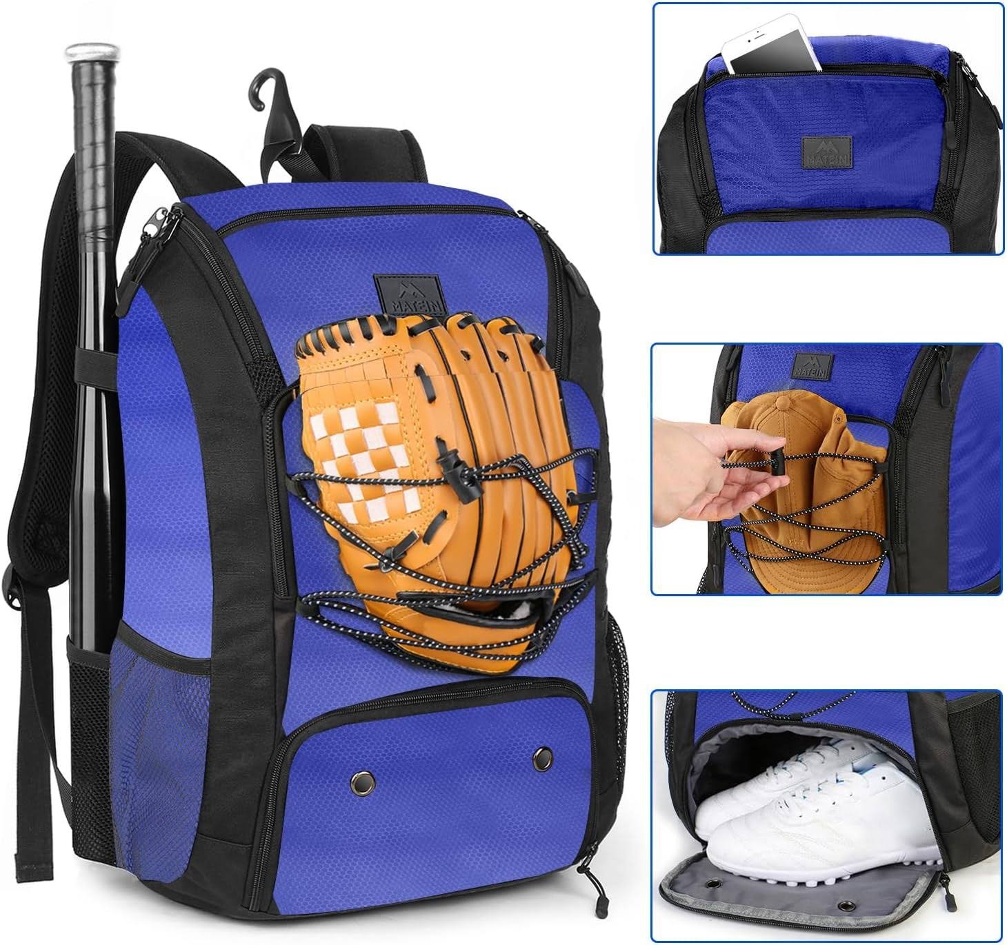 MATEIN Baseball Backpack, Softball Bat Bag with Shoes Compartment for Youth, Boys and Adult, Lightweight Baseball Bag with Fence Hook Hold TBall Bat