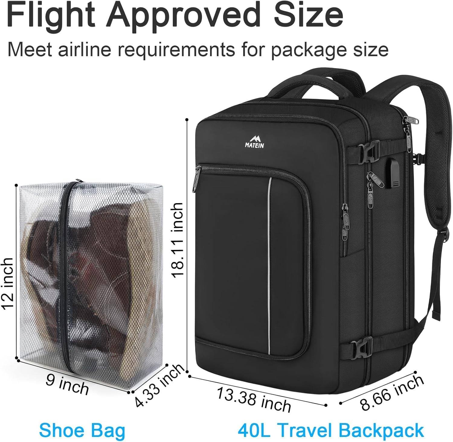 MATEIN Carry On Backpack for Airplanes, 40L Underseat Travel Backpack Personal item Bag with USB Charging Port & Shoe Pouch, TSA 17 inch Backpack for Men Flight Approved, Work Casual Daypack