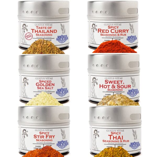 Thai Seasonings Gourmet Gift Set - Tastes of Thailand - Artisanal Spice Blends Six Pack - Non GMO, All Natural, Small Batch - Made By Hand in USA - Gustus