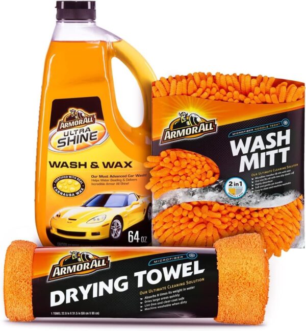 Armor All Car Wash Kit, Includes Car Wash Soap, Wash Mitt & Microfiber Towel (3 Piece Kit)