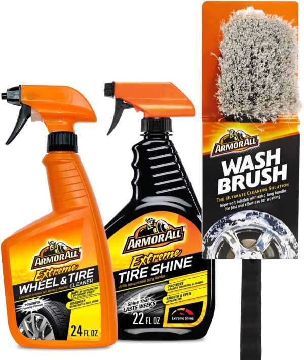 Armor All Wheel Cleaner and Tire Shine Kit, Heavy Duty Car Wheel Cleaner, Extreme Tire Shine Spray and Wash Brush - 3 Count