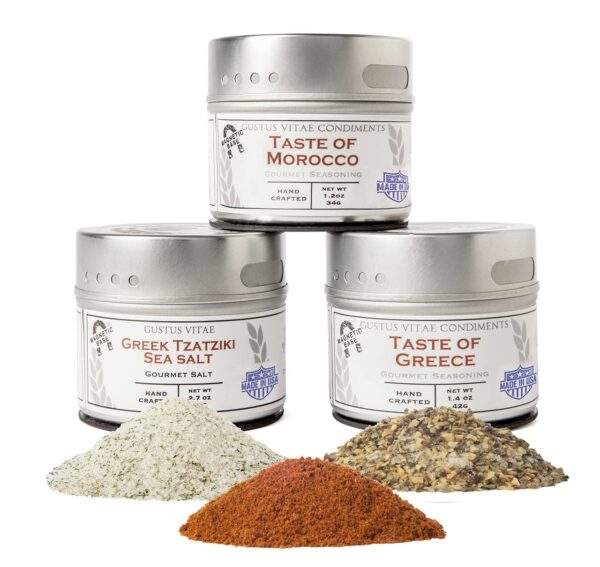 Mediterranean Gourmet Seasoning Collection | Non GMO Verified | 3 Magnetic Tins | Artisan Spice Blends and Sea Salts | Crafted in Small Batches by Gustus