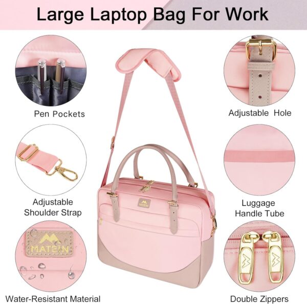 MATEIN Laptop Bag for Women, 15.6 inch Computer Briefcase Sleeve Case, Large Water Resistant Cute Messenger Work Tote Bible Temple Bag Crossbody for Teen Girls School College Office Travel Gifts, Pink - Image 3